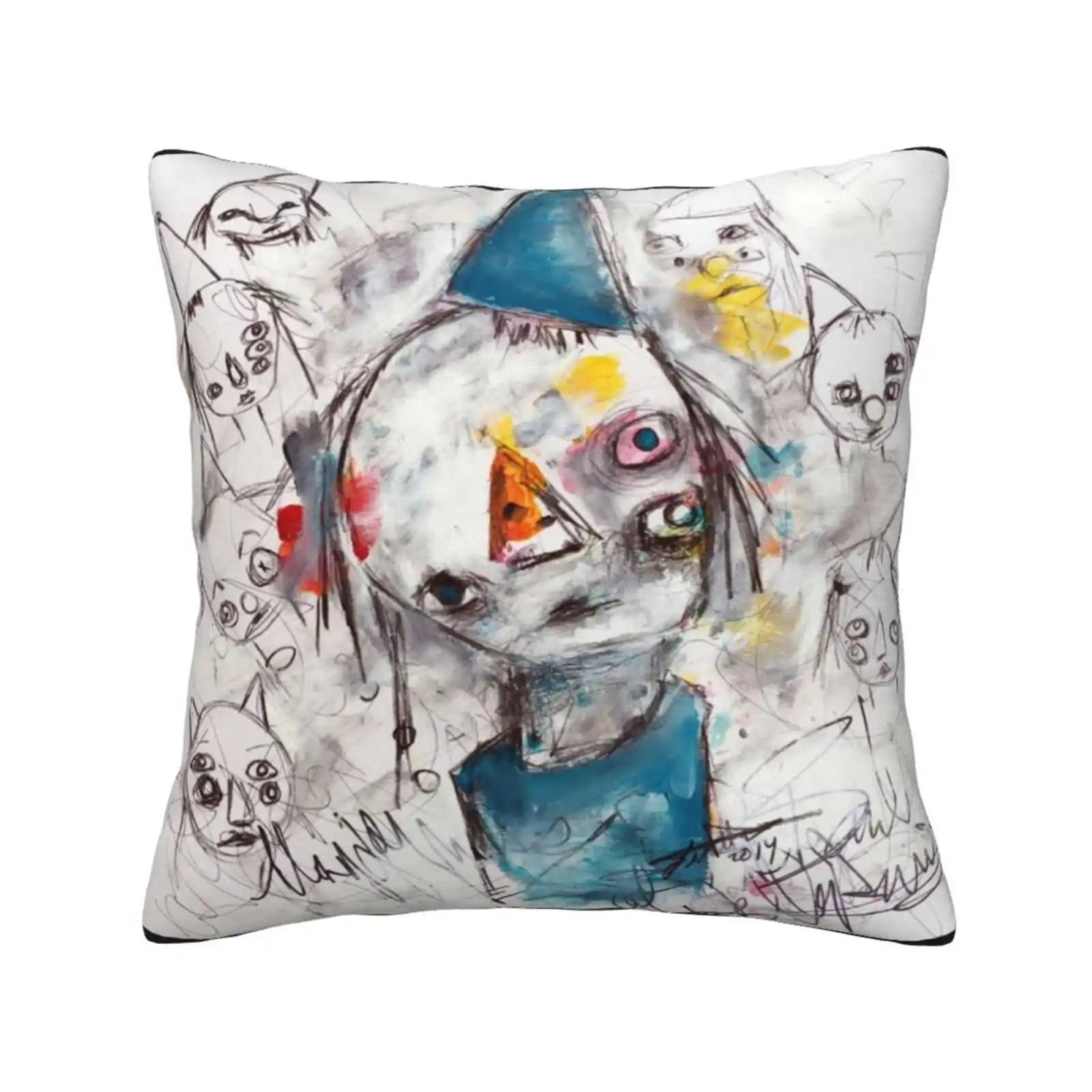 Voices In My Head Home Sofa Car Waist Throw Pillowcase Clown Faces Creepy Strange Outsider Art Art Brut Lowbrow Childlike