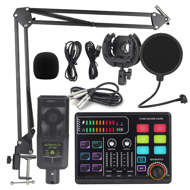 Likheung BM800+P100 Sound card microphone set Professional Audio Mixer Podcast Equipment Kit for PC Laptop Recording Streaming