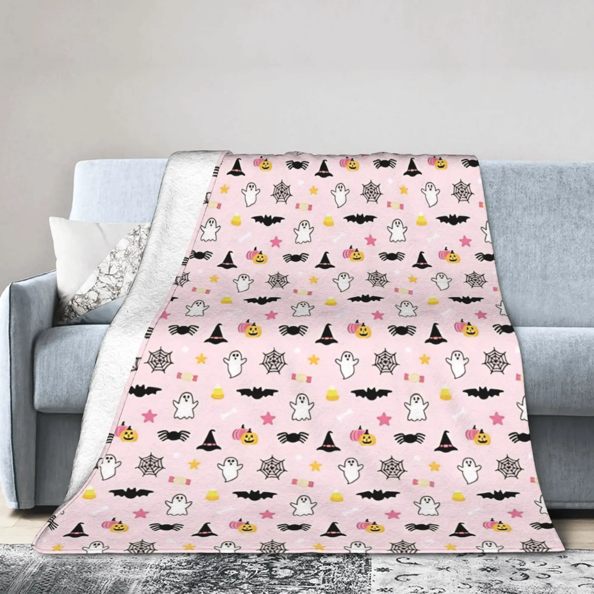 Pink Halloween Pattern  Blanket Pink Coquette Ghost Fleece Vintage Warm Throw Blanket for Home Decoration,