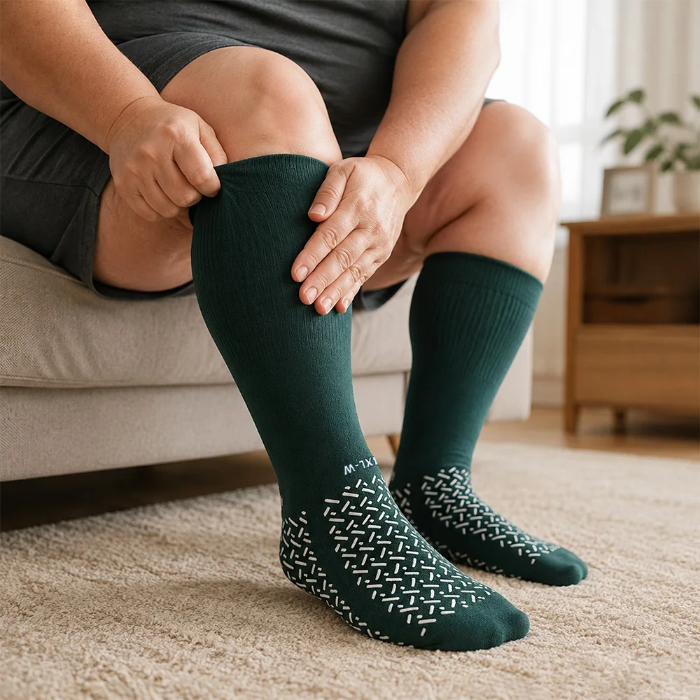 4XL Extra-Large Wide Non-Slip Calf Socks, High-Elastic Loose Silicone Non-Slip Floor Socks, Anti-Fall Care Socks for Middle-Aged and Elderly People, Suitable for Large Feet and Edema, Breathable Long Safety Anti-Slip Socks