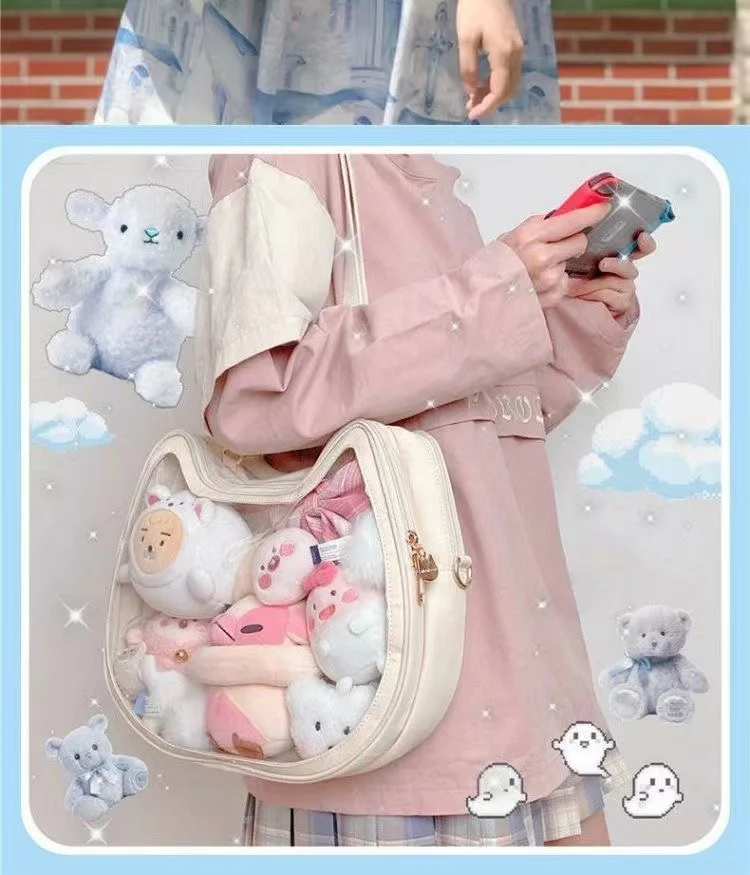 Bolso de hombro Kawaii Lolita Jk, bolso de doble cara, Color sólido dulce, Gato Ita, estilo japonés Harajuku, bolso de moda elegante