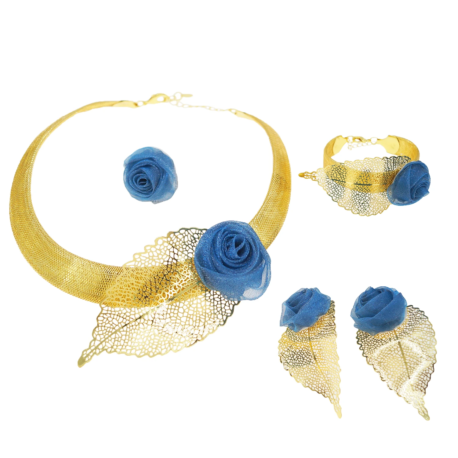 Elegant  Jewelry set with blue flower charm Collar Brazalete Aretes Anillo Discount 4PC Set Free Shipping for navidad Christmas