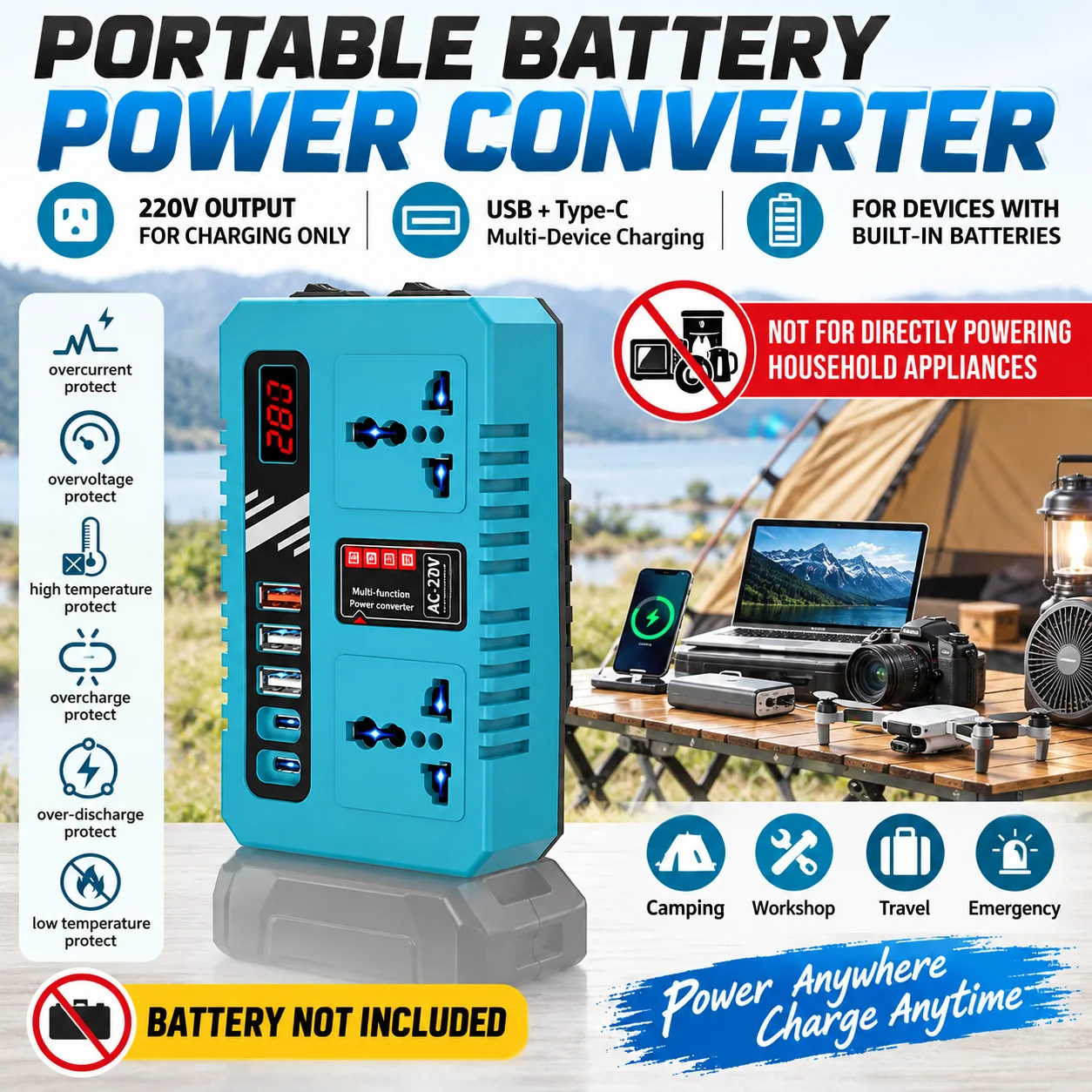 Power Tool Accessories 18v 20v To 220v Battery Power Converte for Makita Battery Inverter with 4 USB LED Lamp Multif Dual Plug