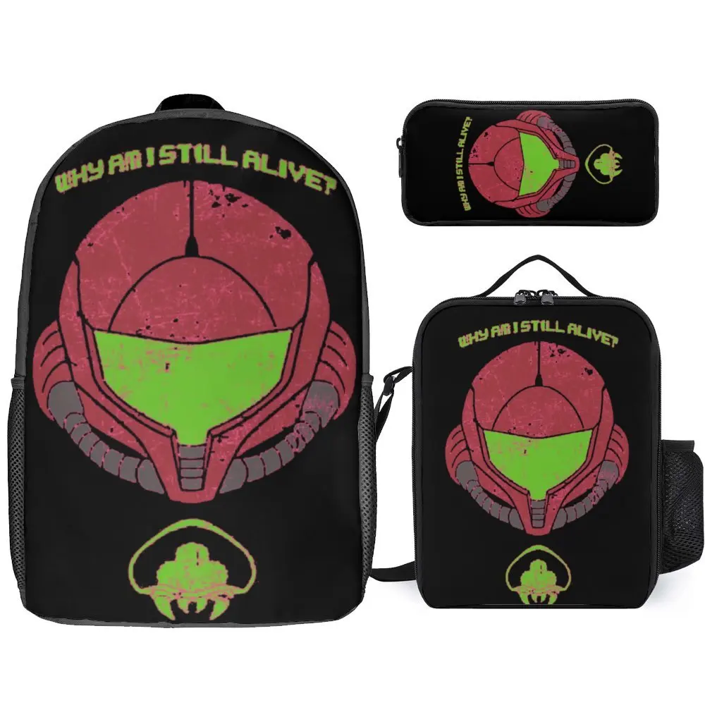 Metroidss Samus Aran Jogo Mochila, Lunch Bag, Pen Bag, Novidade Durável Mochila, Cozy, Cozy, 3 em 1 Set, 17"