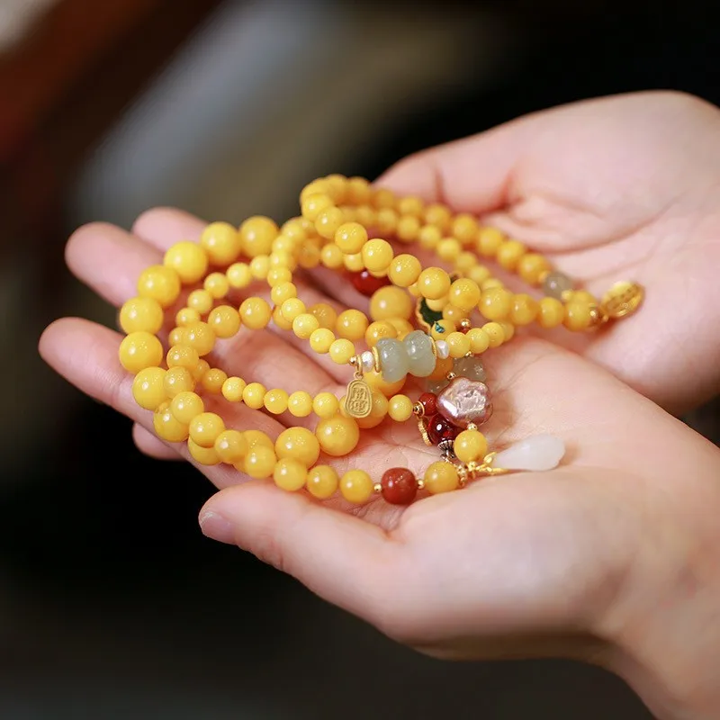 

Natural Chicken Oil Yellow Beeswax Prayer Beads Bracelet Amber Hetian Jade Single Layer Vintage Chinese Style Jewelry