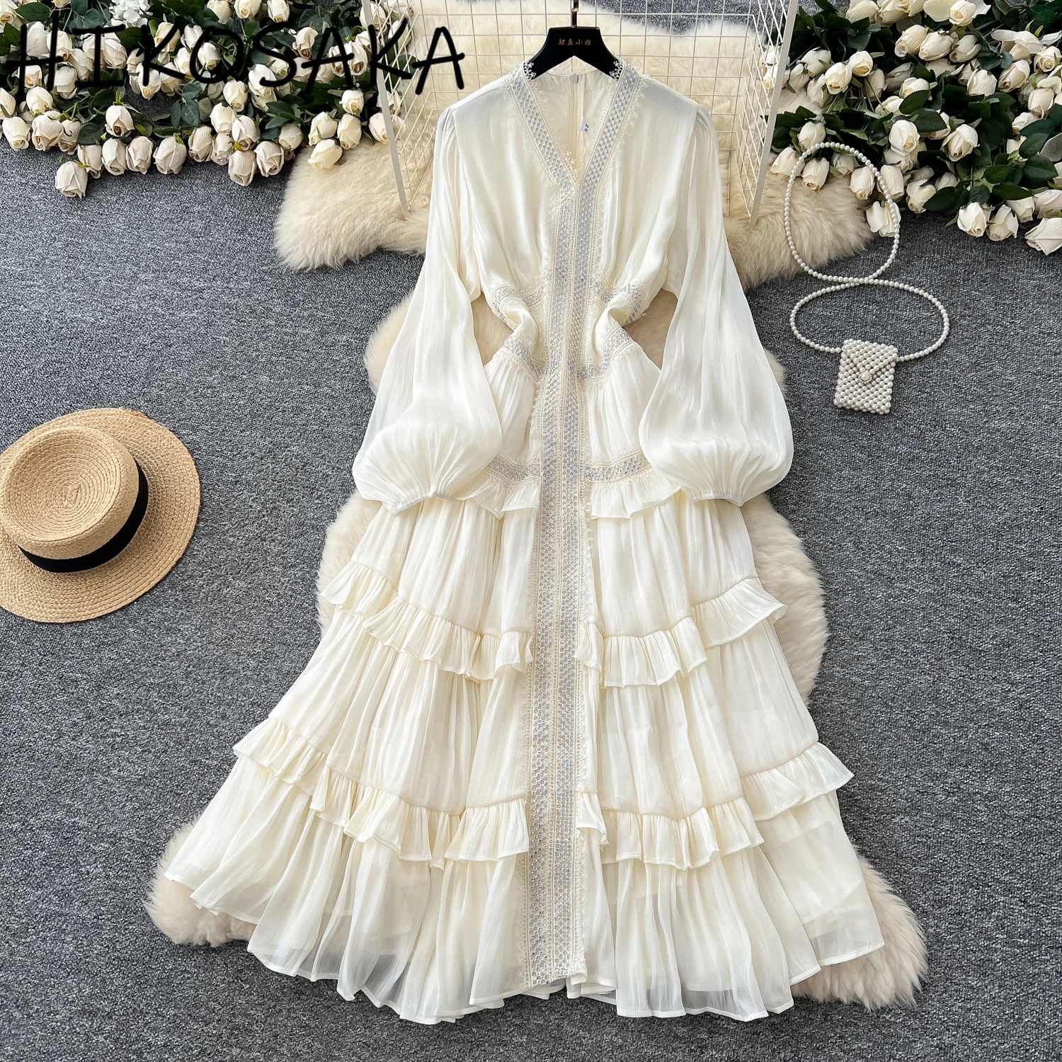 

French Style Temperament Elegant Dress Women Diamonds Lace Patchwork Slim Waist Ruffles Lantern Sleeve Robe Big Swing Vestidos