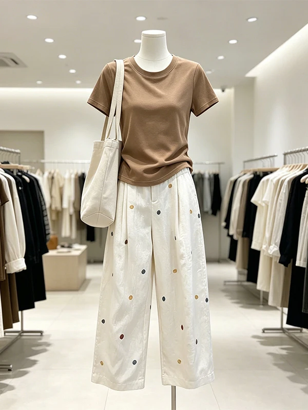 

Large Size Women's Summer New Pure Color Short Sleeve Top And Polka Dot Wide Leg Pants Two Piece Set Casual Korean Style