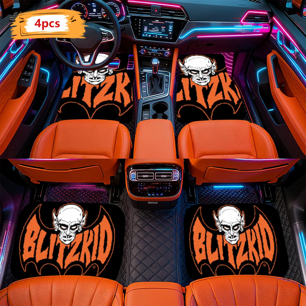 Alfombrillas para coche con diseño de cabeza de demonio en 2D, 4 piezas, estilo Pop Art, con el lema 'BLITZKID', aptas, fáciles de limpiar, duraderas y antideslizantes. Auto Elegante