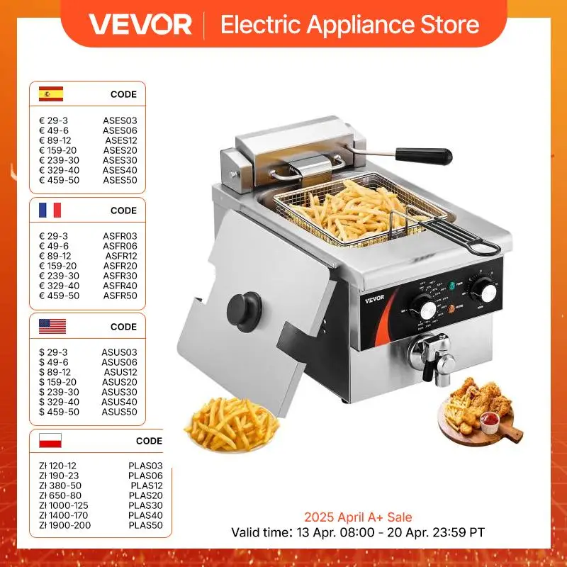 VEVOR 9Qt /8.5 L مقلاة عميقة تجارية 1750 وات مقلاة كهربائية مع سلة مقلاة زيت بخزان واحد للتحكم في الوقت والدرجة الحرارية
