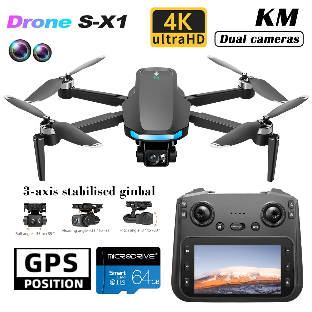 S-X1 New Drone with Screen 3-Axis Anti-shake Gimbal 4K Aerial Brushless Drones RC Quadcopter 5G GPS 8K HD Cameras EIS Mini Dron