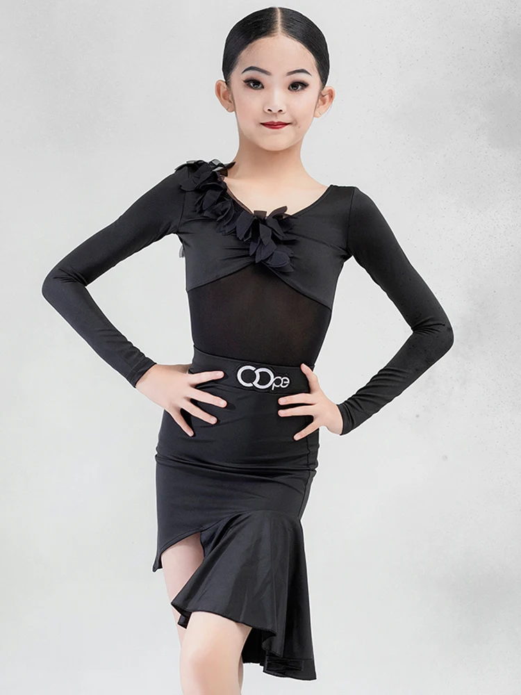 Latin Dance Dress For Girls Black Flower Long Sleeves Dress Set Cha Cha Rumba Dance Practice Clothing Irregular Dress BL11383