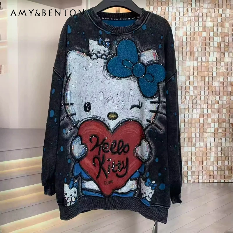 

Autumn Winter New Fleece Cartoon Hoodies Youthful Loose Casual Oversized Round Neck Sweatshirt Long Sleeves Pullover Sudaderas