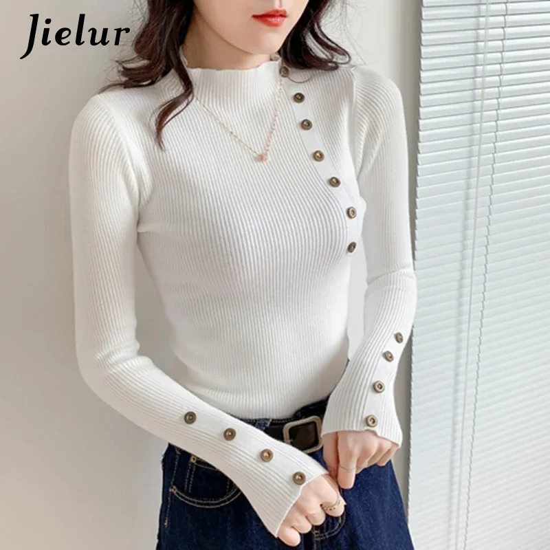 Jielur 7 Colors Autumn New Korean Women's Sweater Half Turtleneck Slim Buttons Knit Sweaters Pullover Simplr Basic Top Blue Gray