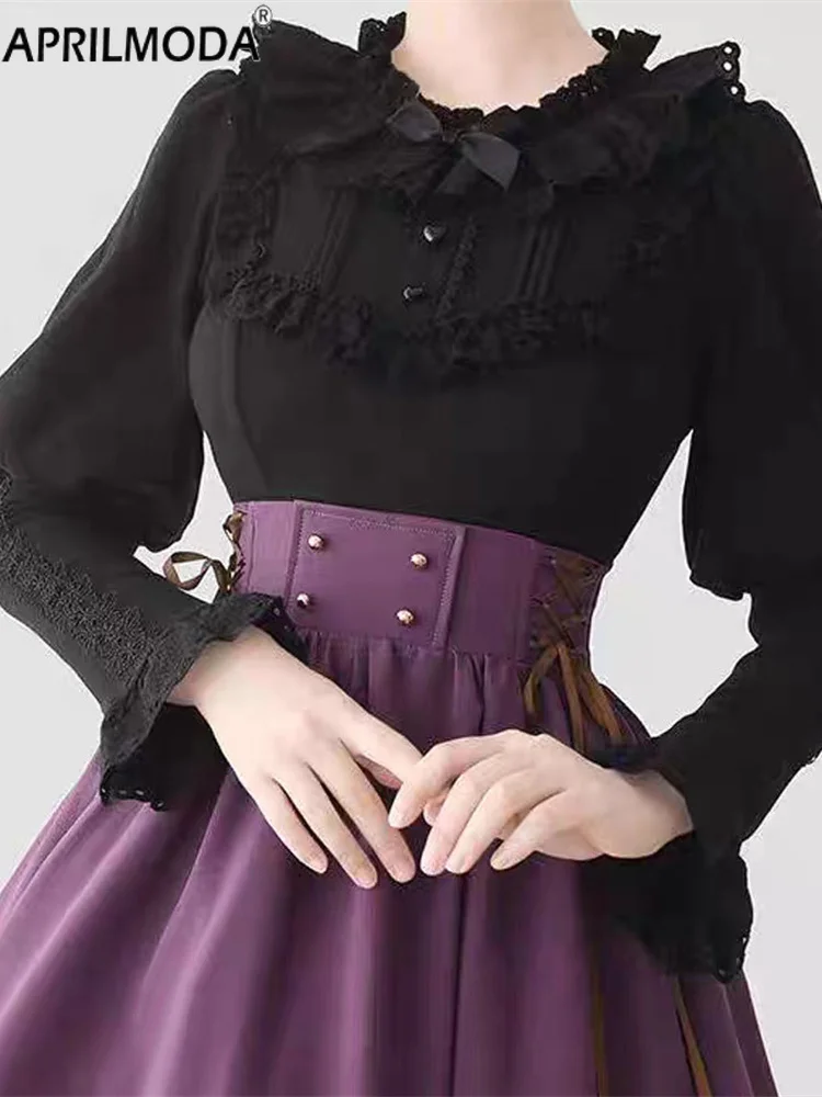 

Японская женская винтажная блузка в стиле Лолиты, элегантная готическая рубашка Y2k с кружевом и оборками, рубашки с рукавами Gigot, женские викторианские милые топы Y2k
