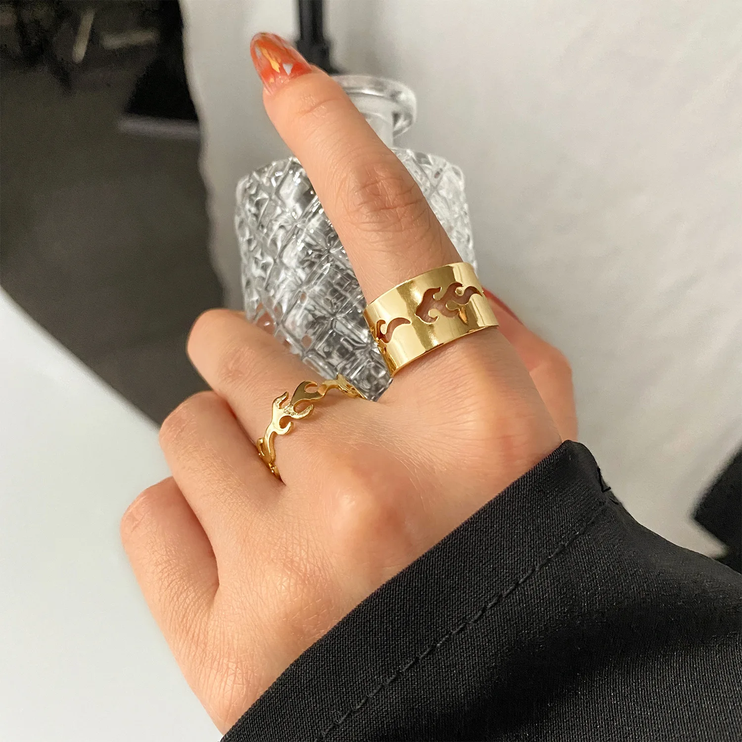 Open Metal Ring Set Fashion Vintage Flame Rings Moon Star Butterfly Heart Set Ring Electroplated Geometric Shapes