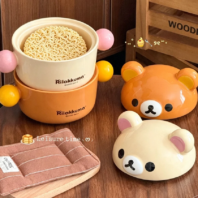 Kawaii Rilakkuma Ceramic Soup Bowl 2026 New Double Handle Instant Noodle Bowl Easy Bear Anime Peripheral Tableware Decor Gifts