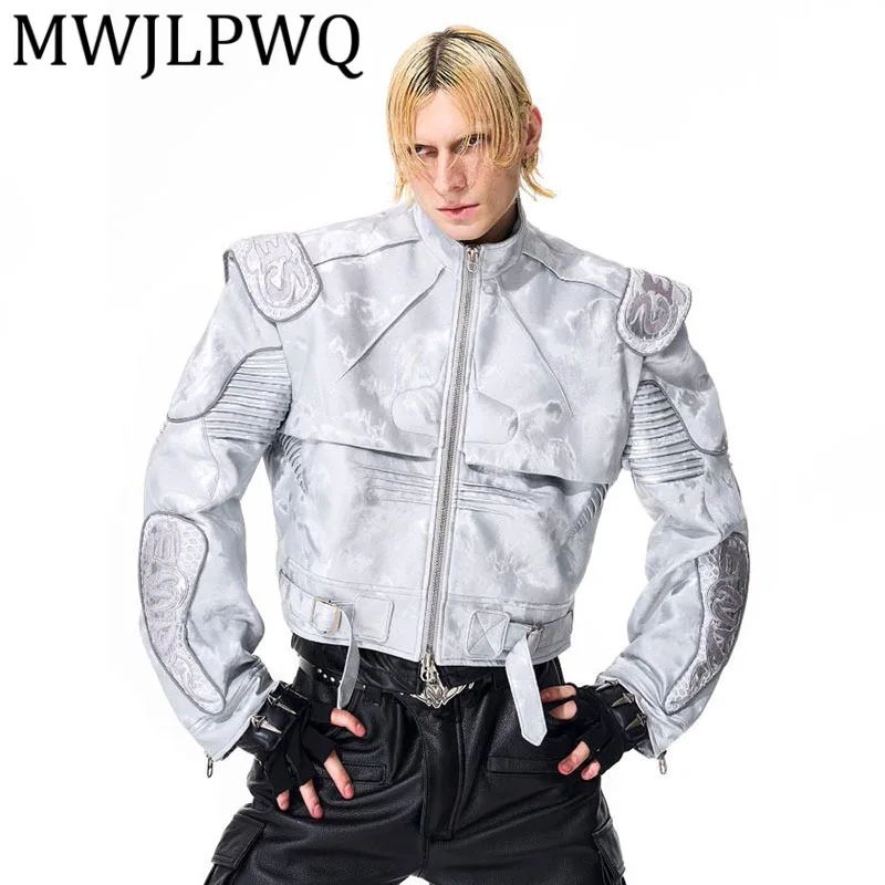 

MWJLPWQ Silver Motorcycle Leather Men's Winter Jacket High Street Embroidery Design Long Sleeve Short Tops 2025 Autumn New 12639