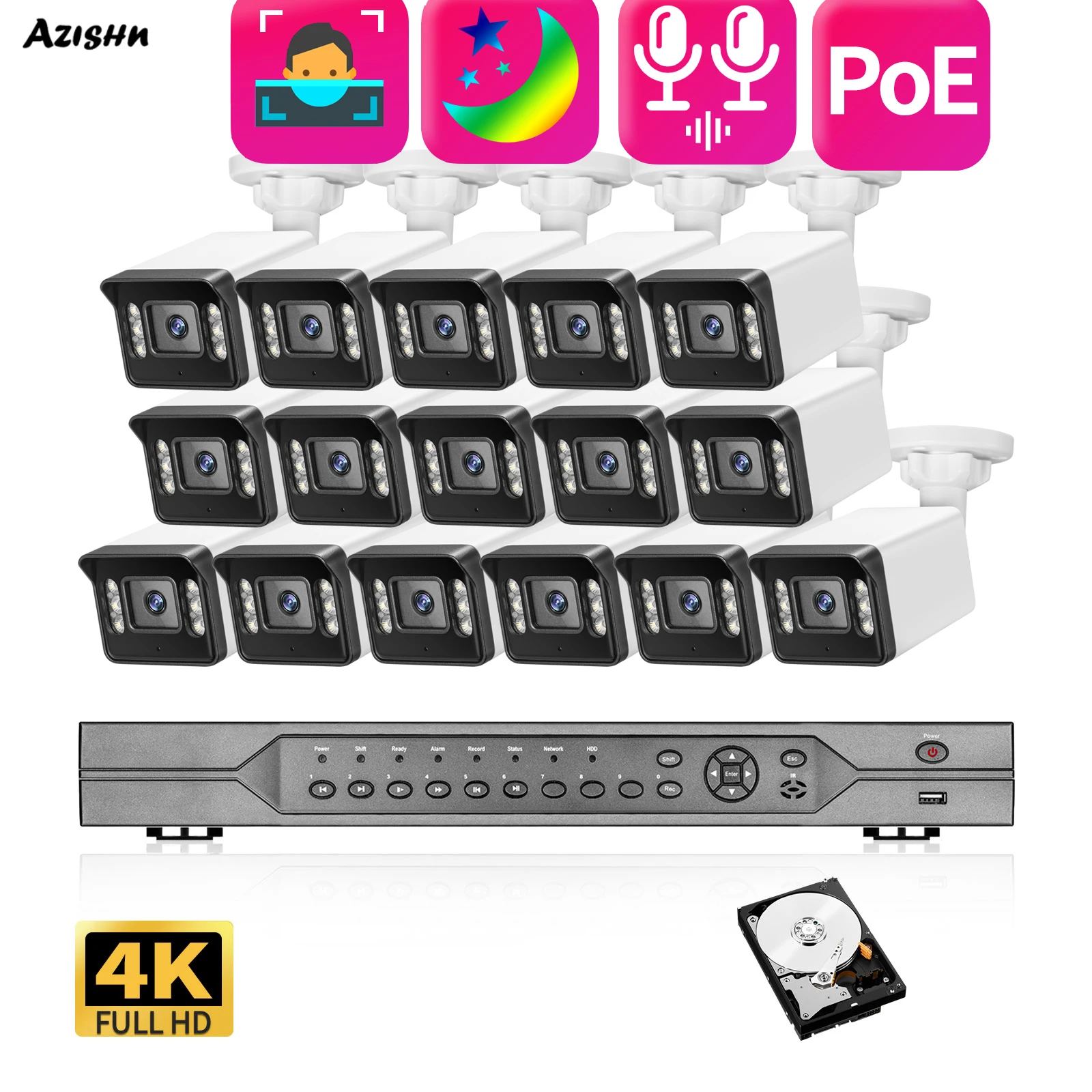 

AZISHN16CH 8MP dual audio with face recognition H 265+ 4K full color night vision POE security camera CCTV kit