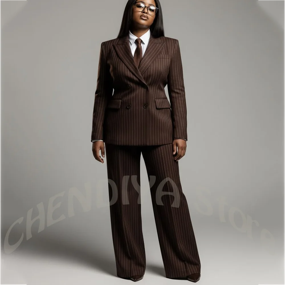 Brown Striped Plus Size Women's 2-Piece Suit Set Double Breasted Peaked Lapel Blazer Pants Formal Party Business Office Outfit