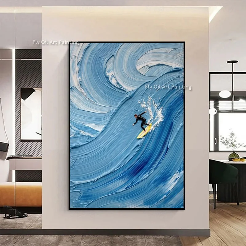 Palette‑Knife Surfing Wave Wall Piece, Hand‑Crafted Raised Texture Oil Canvas, Bold Blue Nautical Contemporary Vertical Artwork