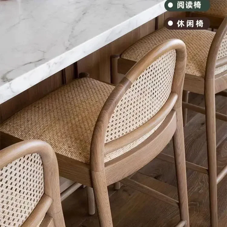 Solid wood bar light luxury table and chairs Nordic rattan footstool modern simple backrest home bar reception chair