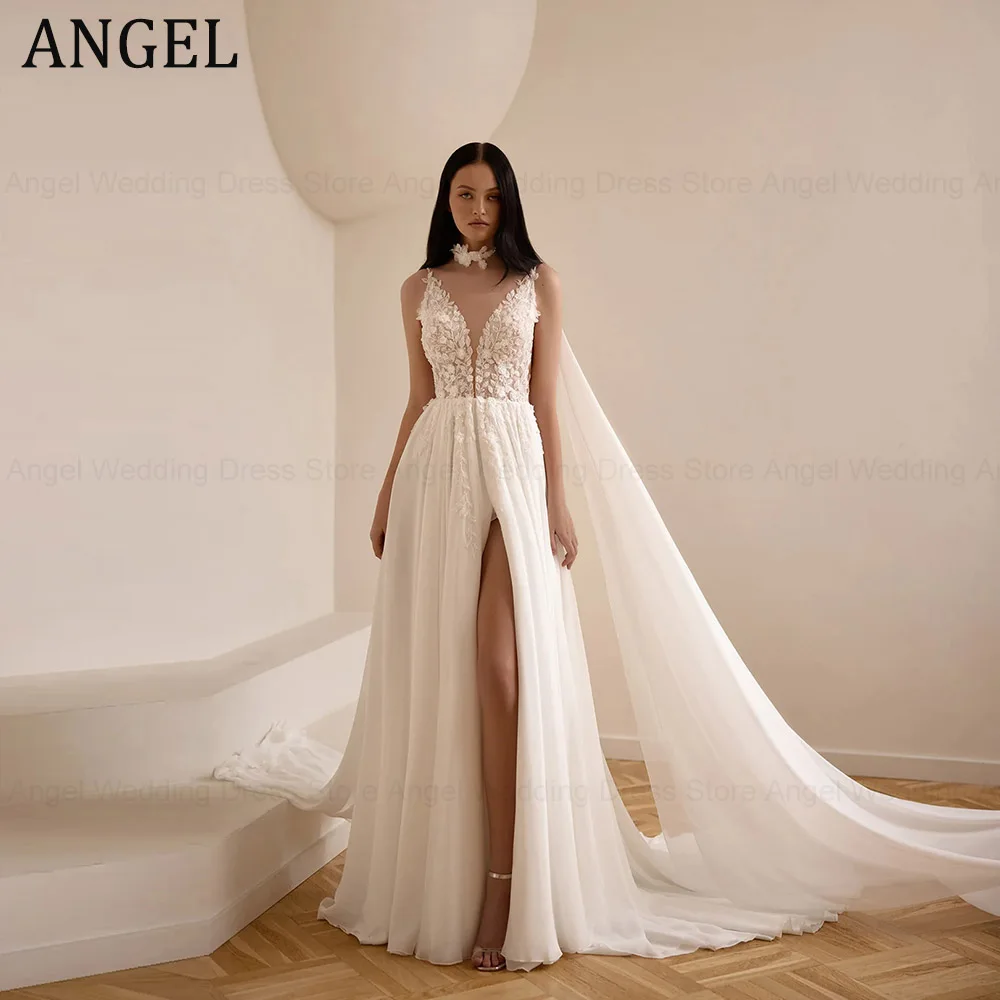 ANGEL Customized Trendy Wedding Dress 2026 A-Line Applique Scoop Lace Appliques Chiffon Vestido De Noivas Bridal Gowns for Bride