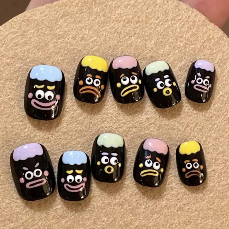 10Pcs Sweet Cool Cute Hand Drawn Graffiti Press on Nails Trend Chic Bow Tie Little Black Cat Nail Stickers Nail Patch False Nail