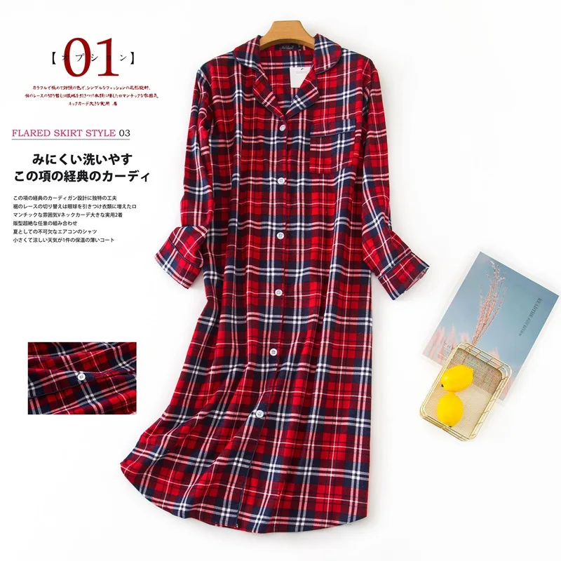 Women\'s Flannel 100% Cotton Nightgowns Button Down Boyfriend Nightshirt Mid-Long Style Sleepshirt Pajama Dress Casual Nightshirt