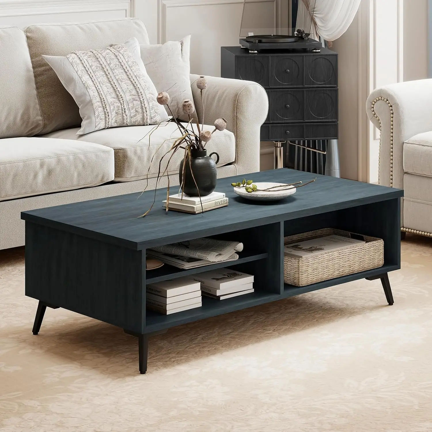 

Mid Century Modern Coffee Table, 2-Tier Wood Rectangular Center Table with Open Storage Shelves, Compartments, Customized