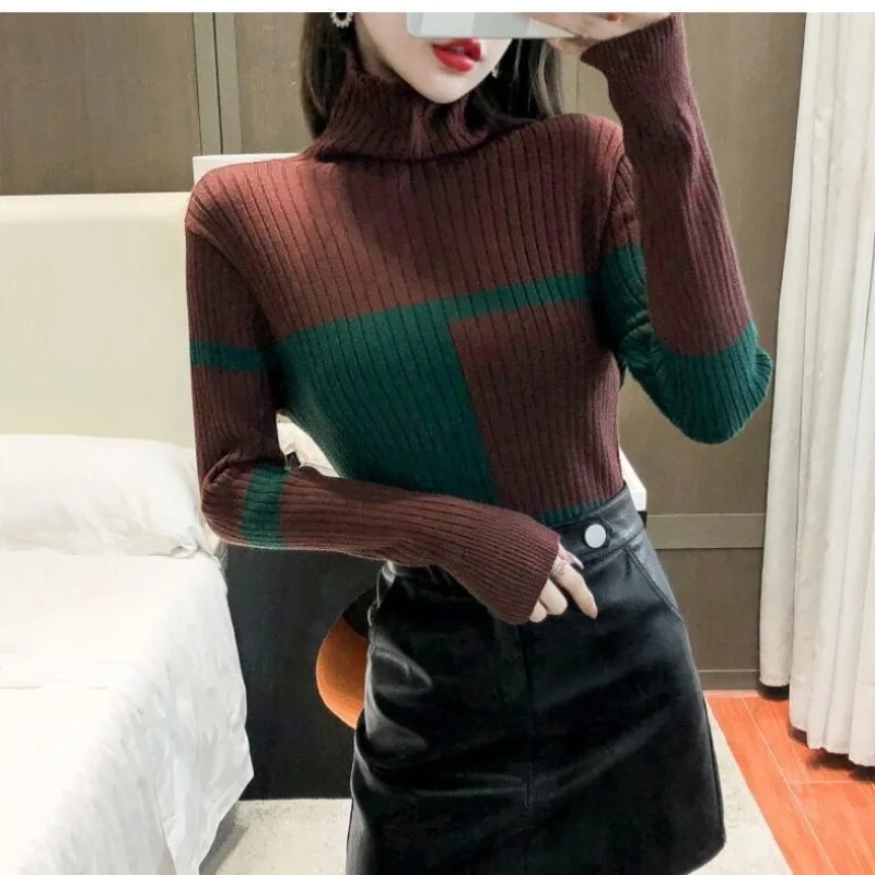 Women\'s Clothing Fashion Slim Spliced Knitted Pullovers 2023 Autumn Winter New Casual Commute Long Sleeve Sweaters for Female