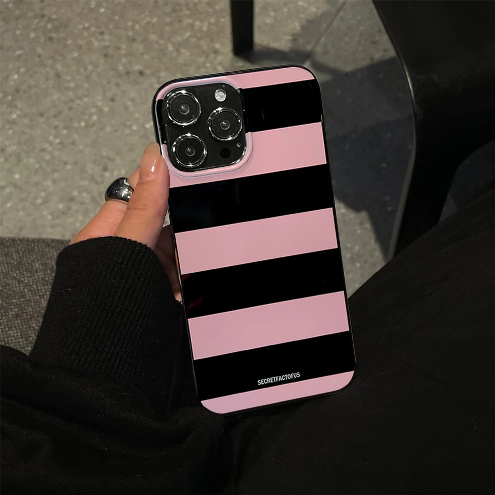 Ins Korean Black Pink Stripe Cool 14 15 Pro Max iPhone Case For 12 13 Mini Apple 11 XR XS Simple Silicon Full Coverage