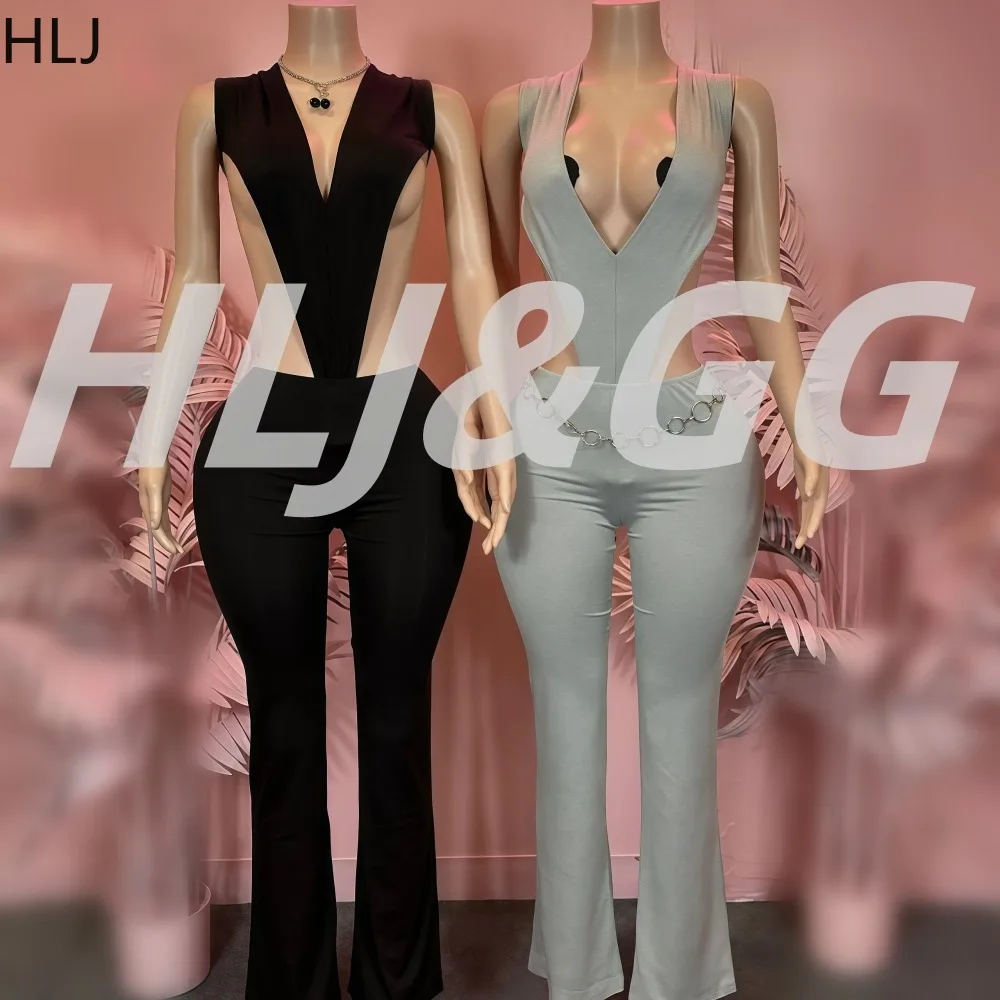 

HLJ Sexy Woman 2 Piece Set Outfit Deep V-Neck Hollow Out Bandage Patchwork Bodysuit + Flare Pants Matching Female Streetwear New