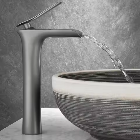 Bathroom Faucet Basin Brass Hot And Cold Water Mixer Vanity Tap Gray Finish Deck Mount Sink Mixer Waterfall Washbasin Tap