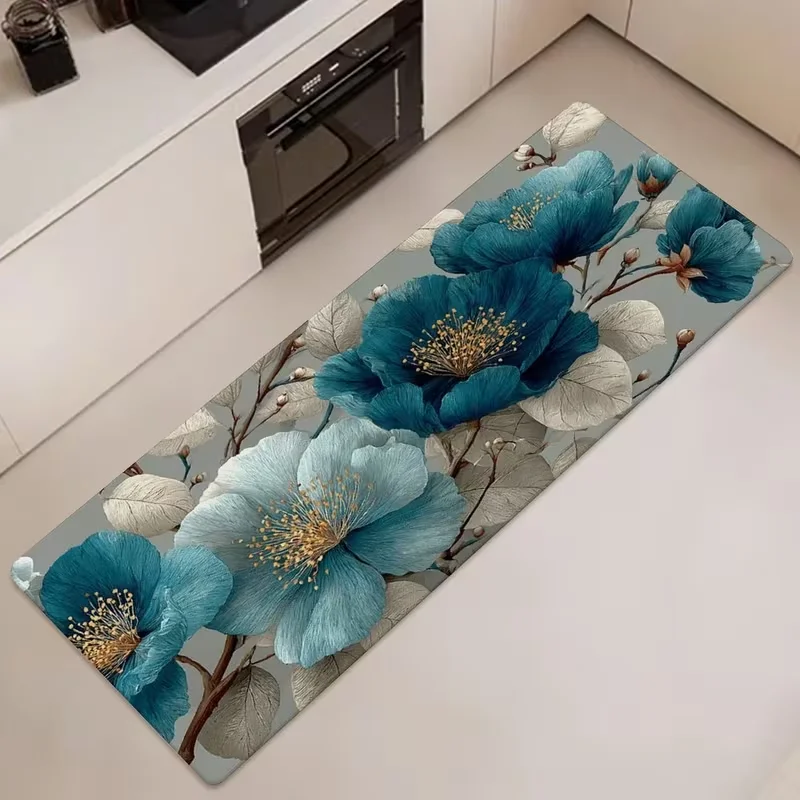 Elegant Teal Blue Peony Long Kitchen Rug Retro Luxury Flower Leaf Print Non Slip Floor Mat Modern Minimalist Hallway Carpet