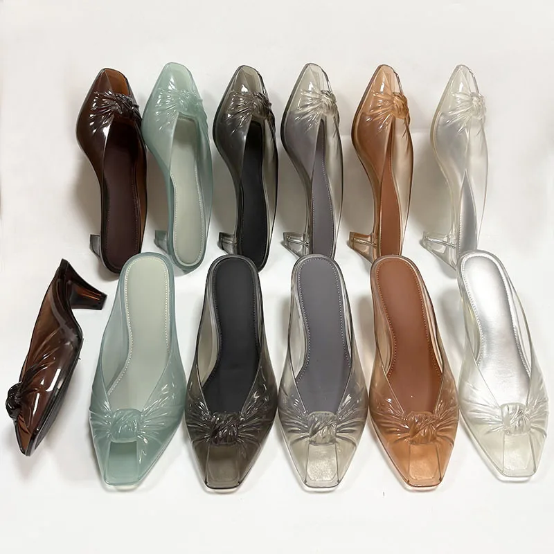 New Fashion Transparent Medium Heels Slip On Pumps Summer Beach Slides Sandals For Women Slippers Casual Ladies Shoes