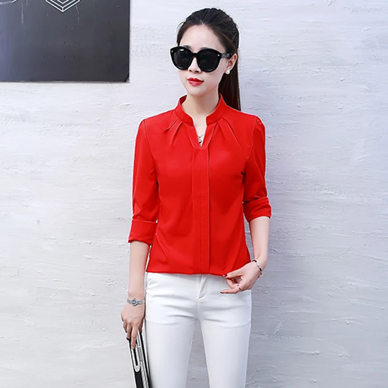 Women Shirt Chiffon Clothes Solid Color Long Sleeved Tops Autumn Winter Office Lady Blouse Slim Fitting Casual Shirt Plus Size