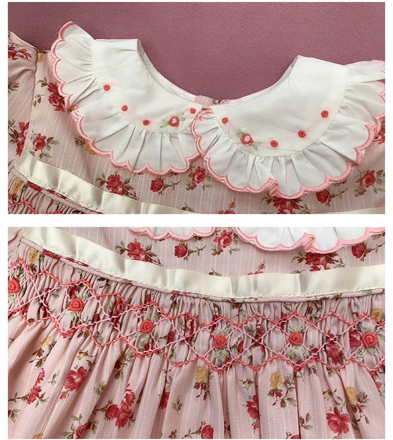 Kids Smocking Dresses For Girls Spring 2024 Long Sleeve Spanish Vintage Handmade Smocked Floral Dress Toddler Smock Vestidos
