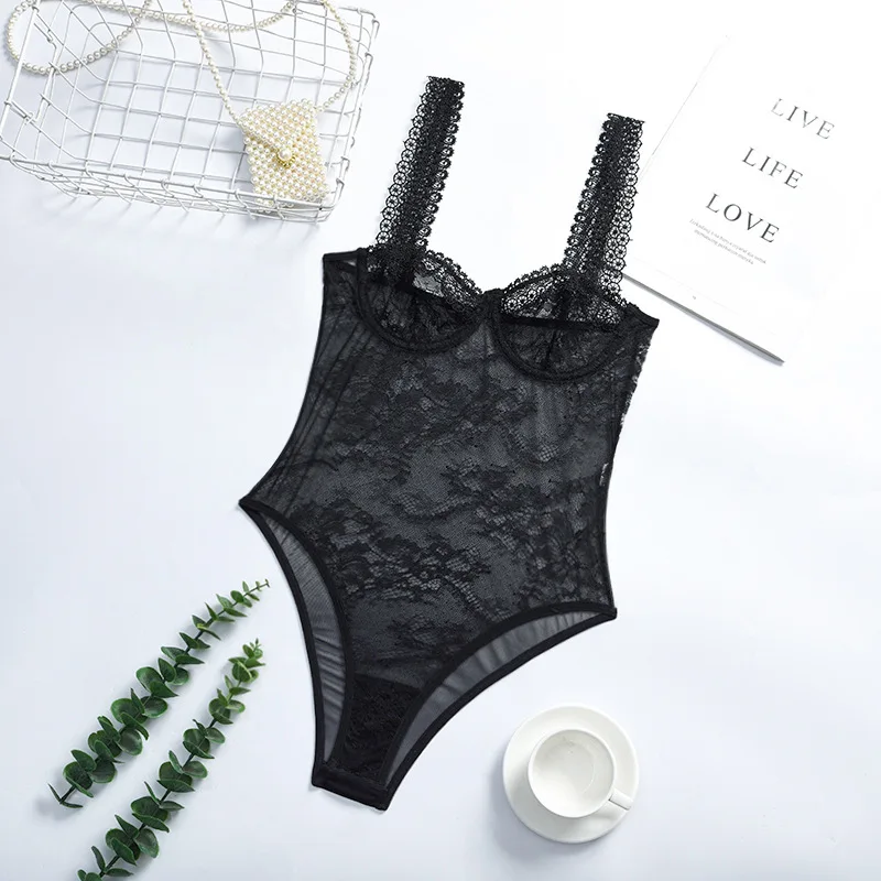 Sexy Crotchless Black Lace Lingerie Women Lace Hollow Bodysuit Erotic Pajamas Mesh Sheer Lace Bodysuit Clubwear Body Femme