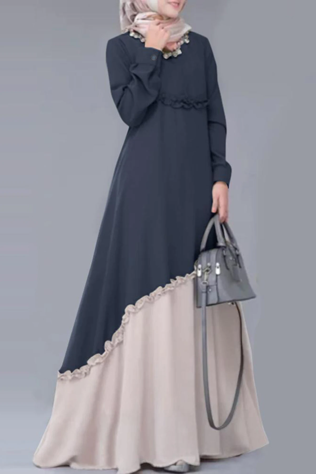 

Women Muslim Long Dress Abaya Fashionable Colorblock Lettuce Trim Long Sleeve Maxi Dress