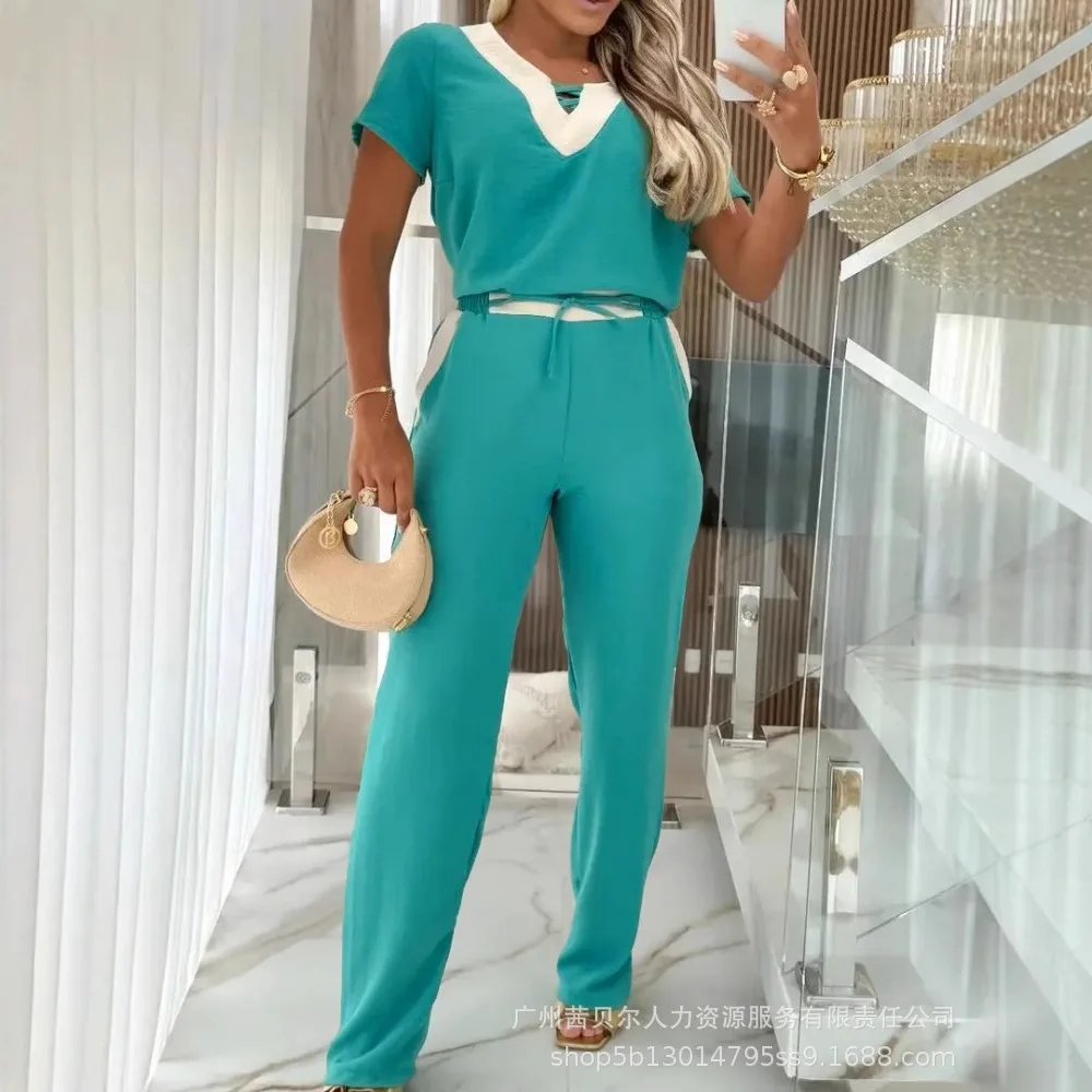 

Women Summer Spring 2 Pieces Colorblock V Neck Short Sleeve Top and Casual Drawstring Waist Pants Set