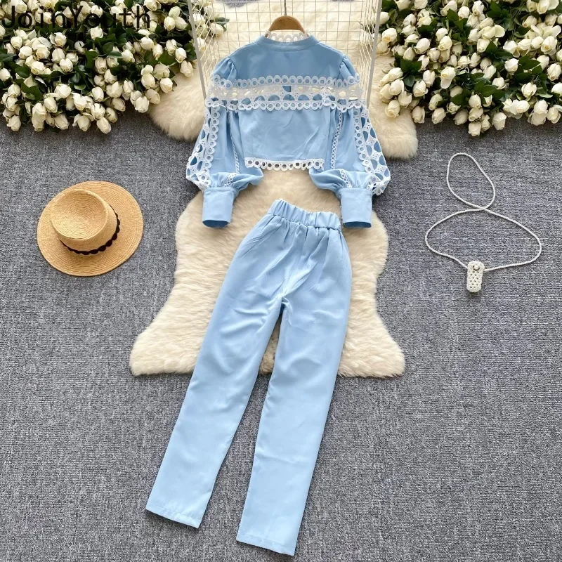 Temperament Women\'s Clothing Two Piece Sets Pants Outfits Hollow Out Lantern Sleeve Crop Shirt High Waist Straight Pants Suit