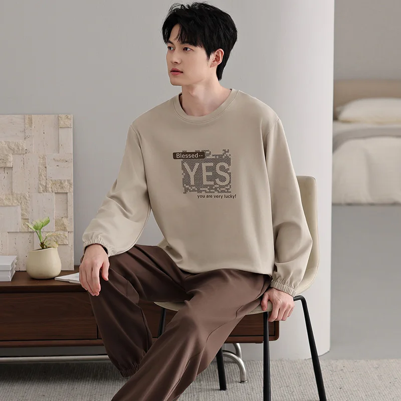 Big Size M-4XL Men Pajamas Set Knited Cotton Sleepwear Male Autumn Long Sleeve Pyjamas