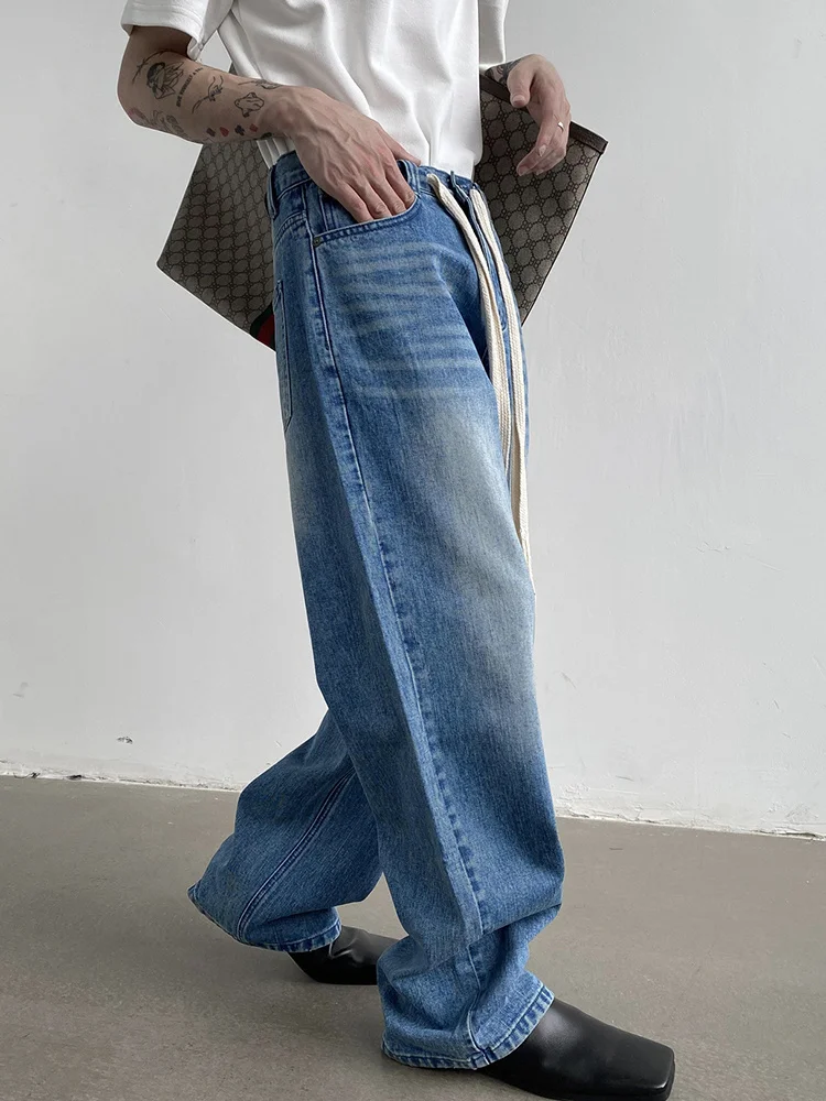 Personality Fashionable Waist Drawstring Design Casual Trousers 2022 Summer New Neutral Loose Simple Straight Jeans 2A2047