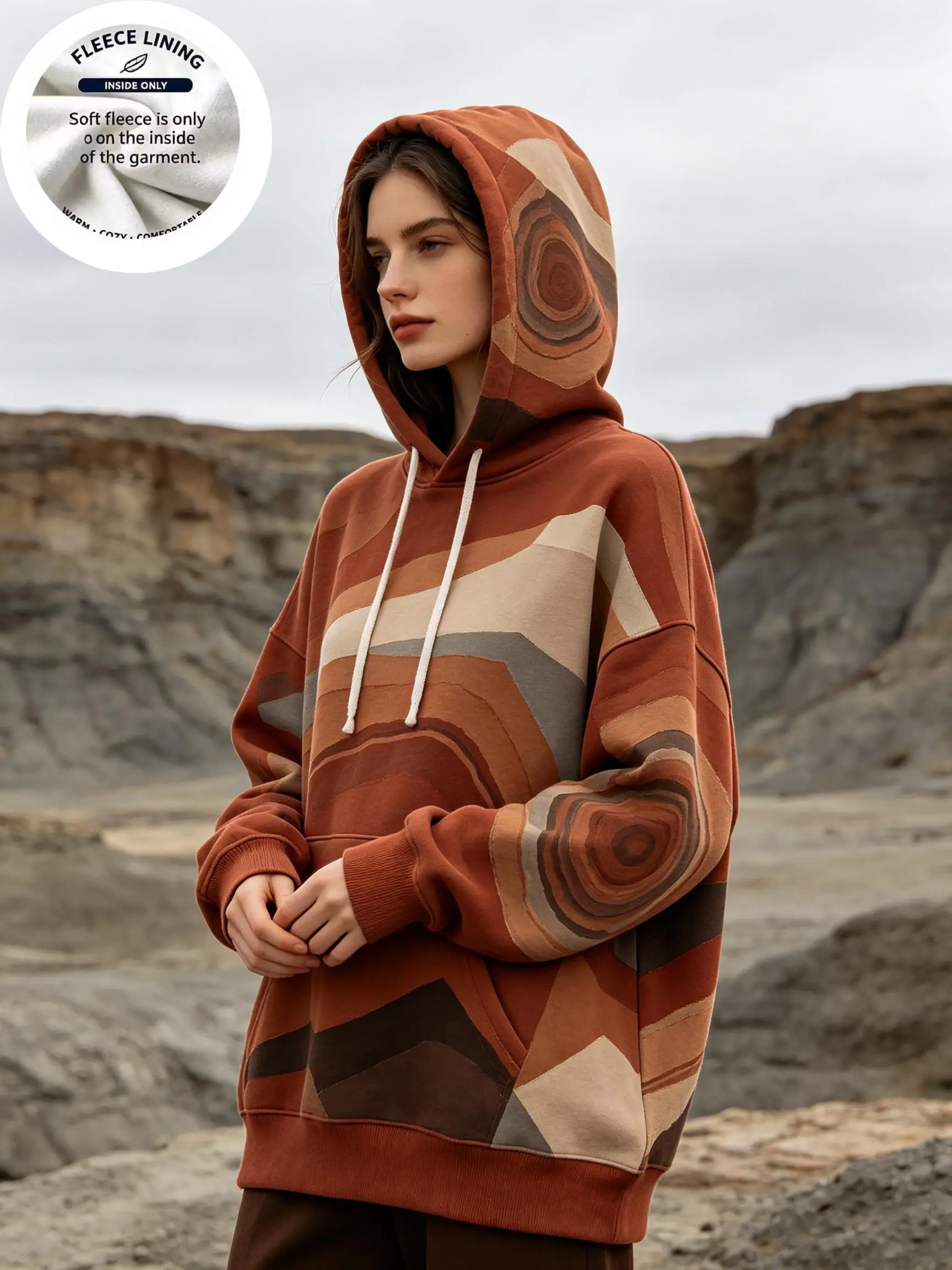 Women Earth Tone Geology Texture Fleece Hoodie, Desert Rock Abstract All Over Print Drawstring Kangaroo Pocket Sweatshirt