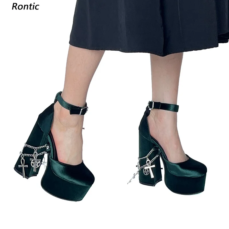 Rontic New Handmade Women Pumps Platform Sexy Chain Chunky Heels Round Toe Beautiful Green Party Cosplay Shoes US Size 5-20