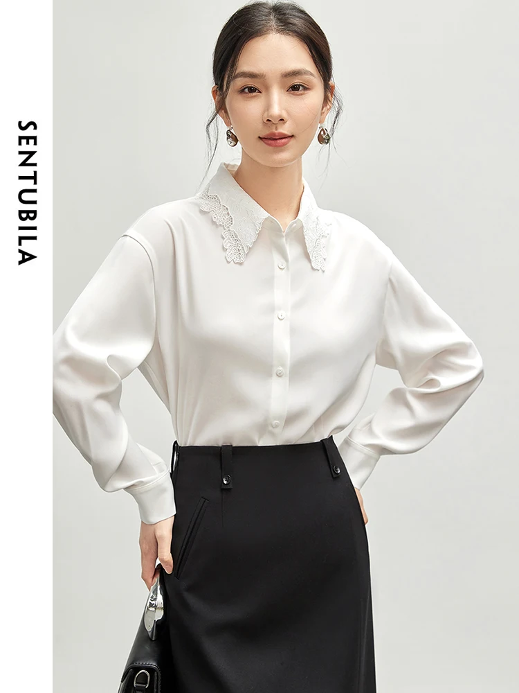 

SENTUBILA Embroidered Turn-down Collar Women Shirt 2024 Autumn Casual Single Breasted Long Sleeve White Blouses 143C55995