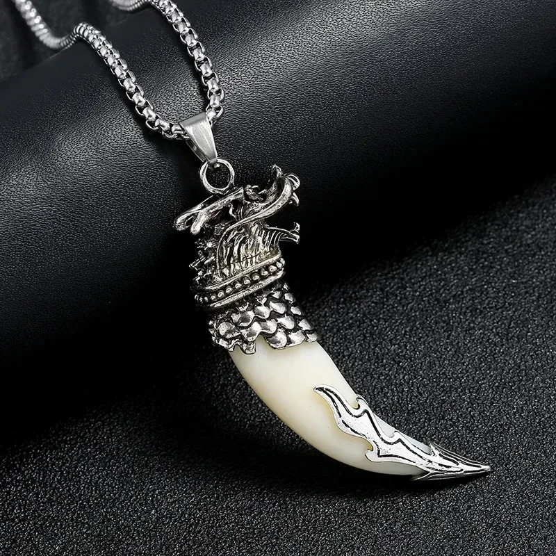 Fashionable Silver Wolf Head Natural Stone Wolf Tooth Pendant Dragon Head Necklace Men\'s Rock and Roll Motorcycle Party Jewelry