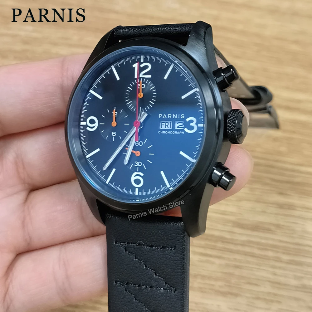 

42mm Parnis Chronograph Quartz Watch Men Black Dial Stainless Steel Case Wristwatch