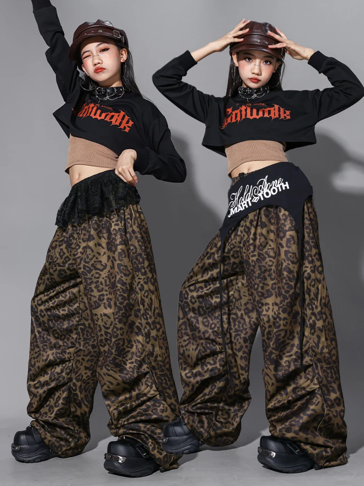 

2025 Одежда для джазовых танцев в стиле хип-хоп для девочек, укороченные топы с длинными рукавами, леопардовые брюки, тренировочный костюм, одежда для современных танцев, L18023