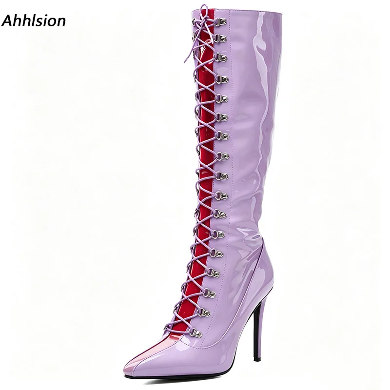 Ahhlsion Lilac Red Contrast Patent Leather Knee High Boots Women Pointed Toe Front Lace Up Stiletto Heel Long Boots Gothic Shoes